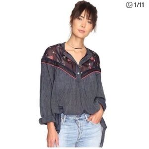 Free People Charcoal Sheer Floral Blouse